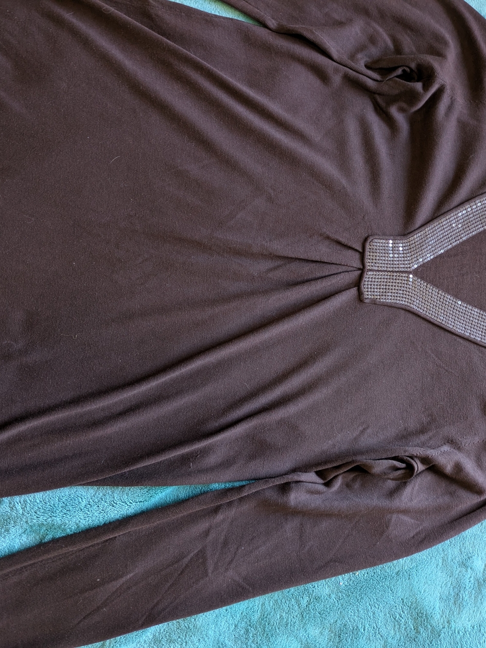 Tommy Bahama Brown Long-Sleeve V-Neck Top with Embellished Trim